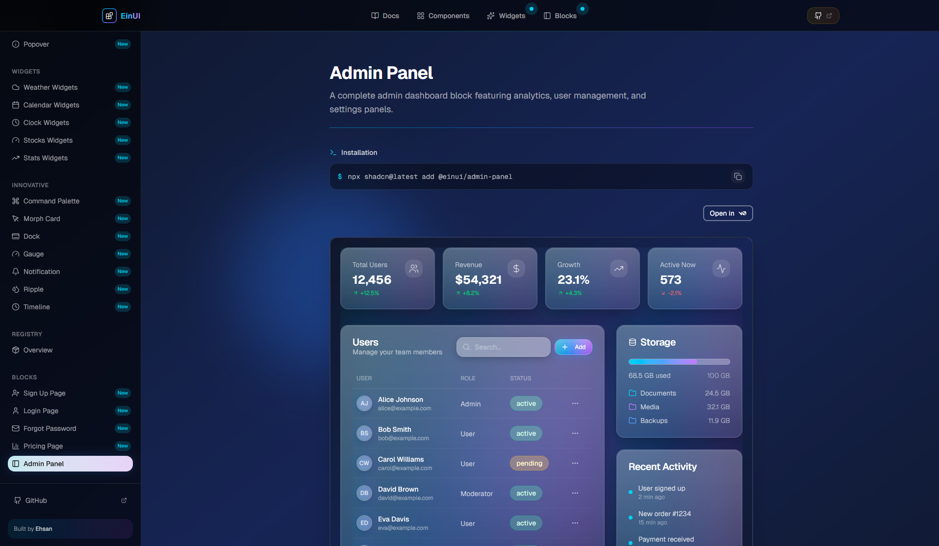 Ein UI Admin Panel